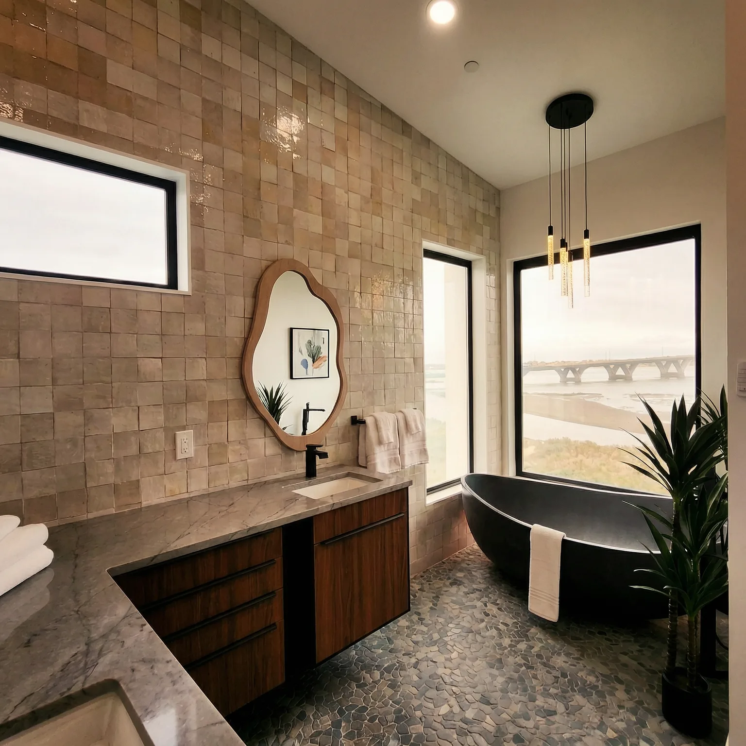 Styled luxury bedroom interior showcasing the coastal design of a Huckleberry unit